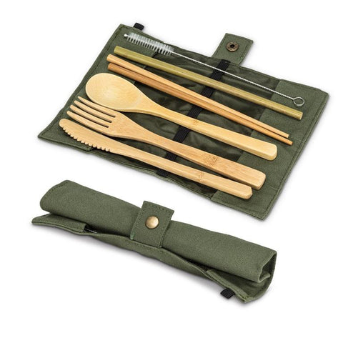 Bamboo Cutlery Set in Roll. 7 Pieces Green