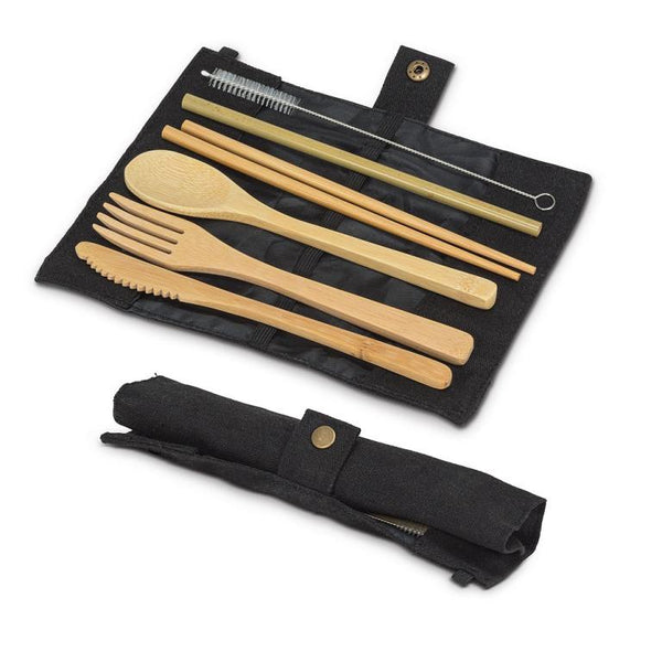 Bamboo Cutlery Set in Roll. 7 Pieces Black