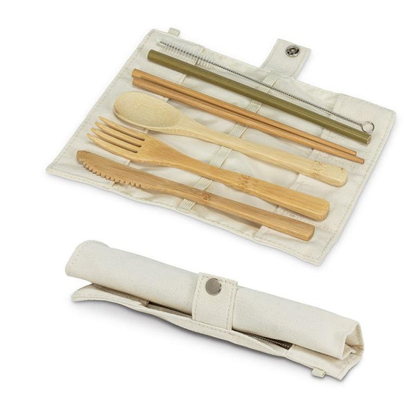 Bamboo Cutlery Set in Roll. 7 Pieces Tan