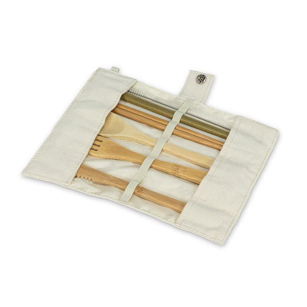 Bamboo Cutlery Set in Roll. 7 Pieces Tan